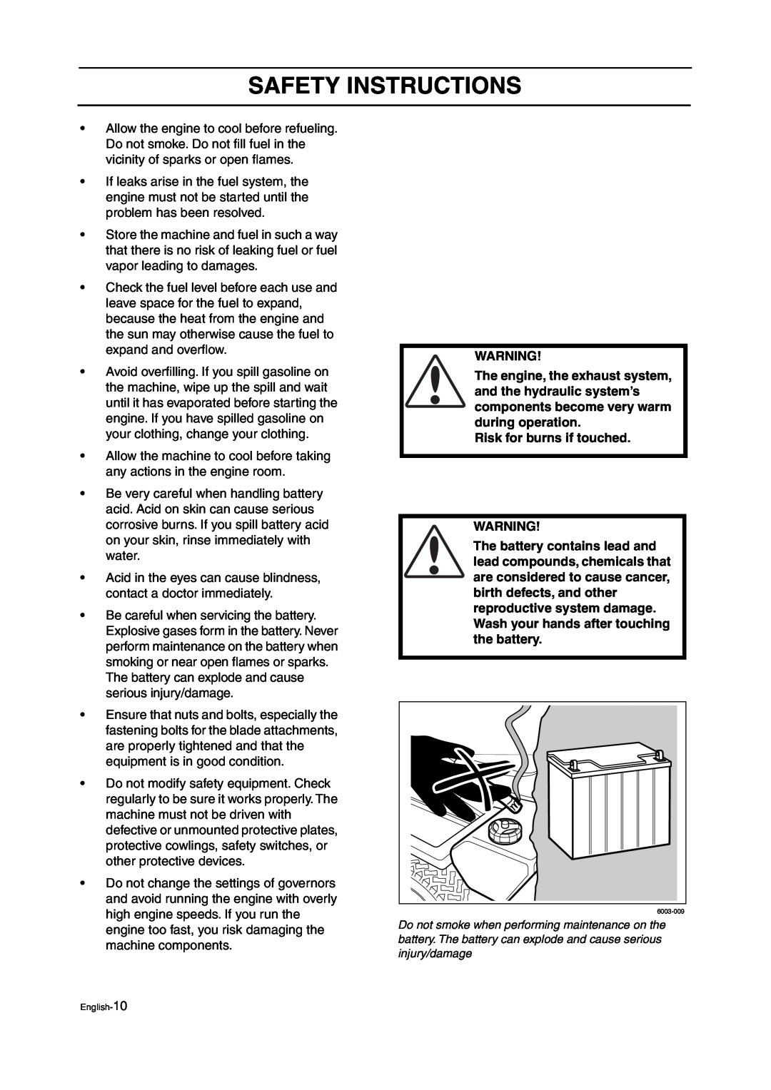 Husqvarna ZTH manual Risk for burns if touched, Safety Instructions 