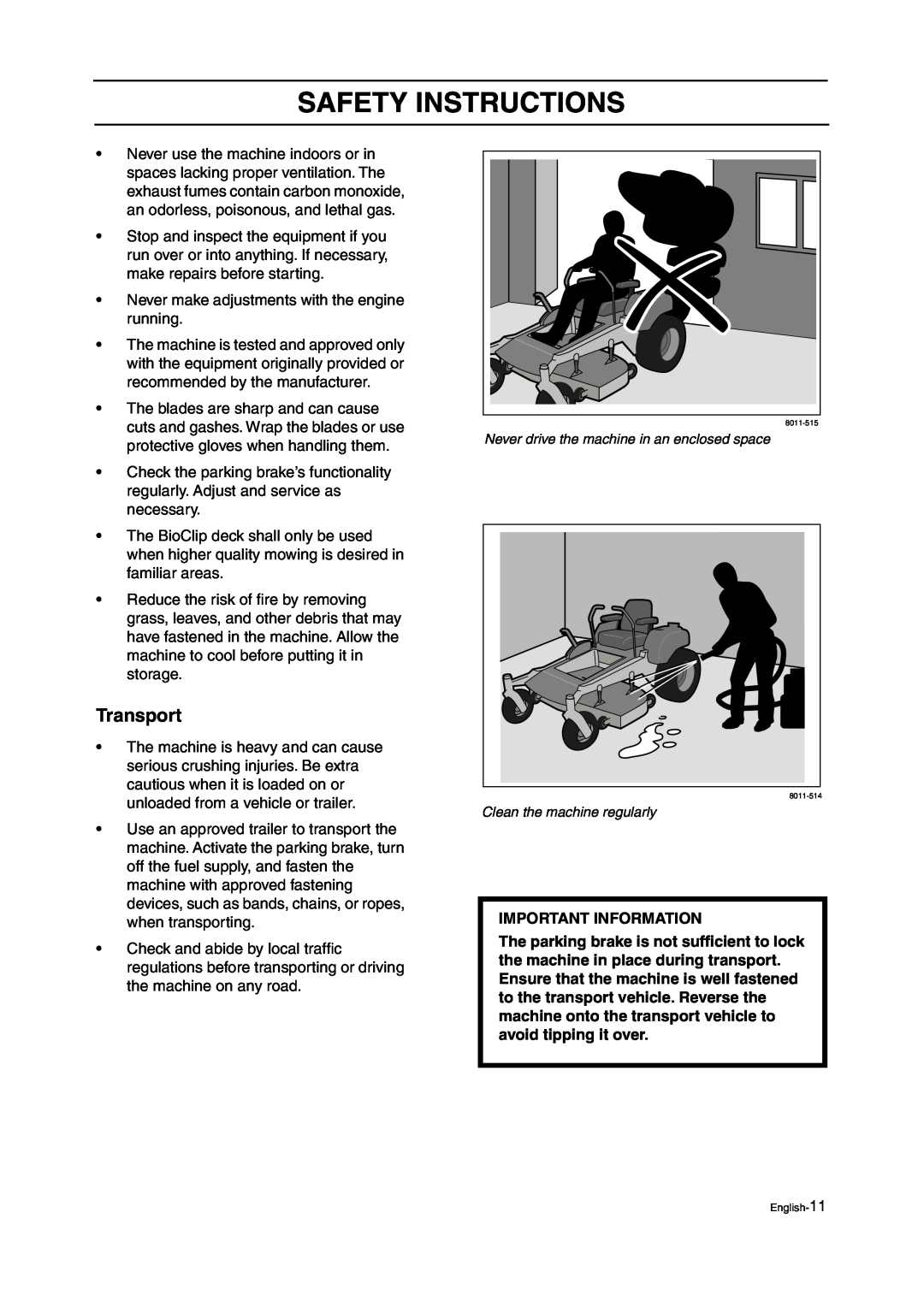 Husqvarna ZTH manual Transport, Important Information, Safety Instructions 