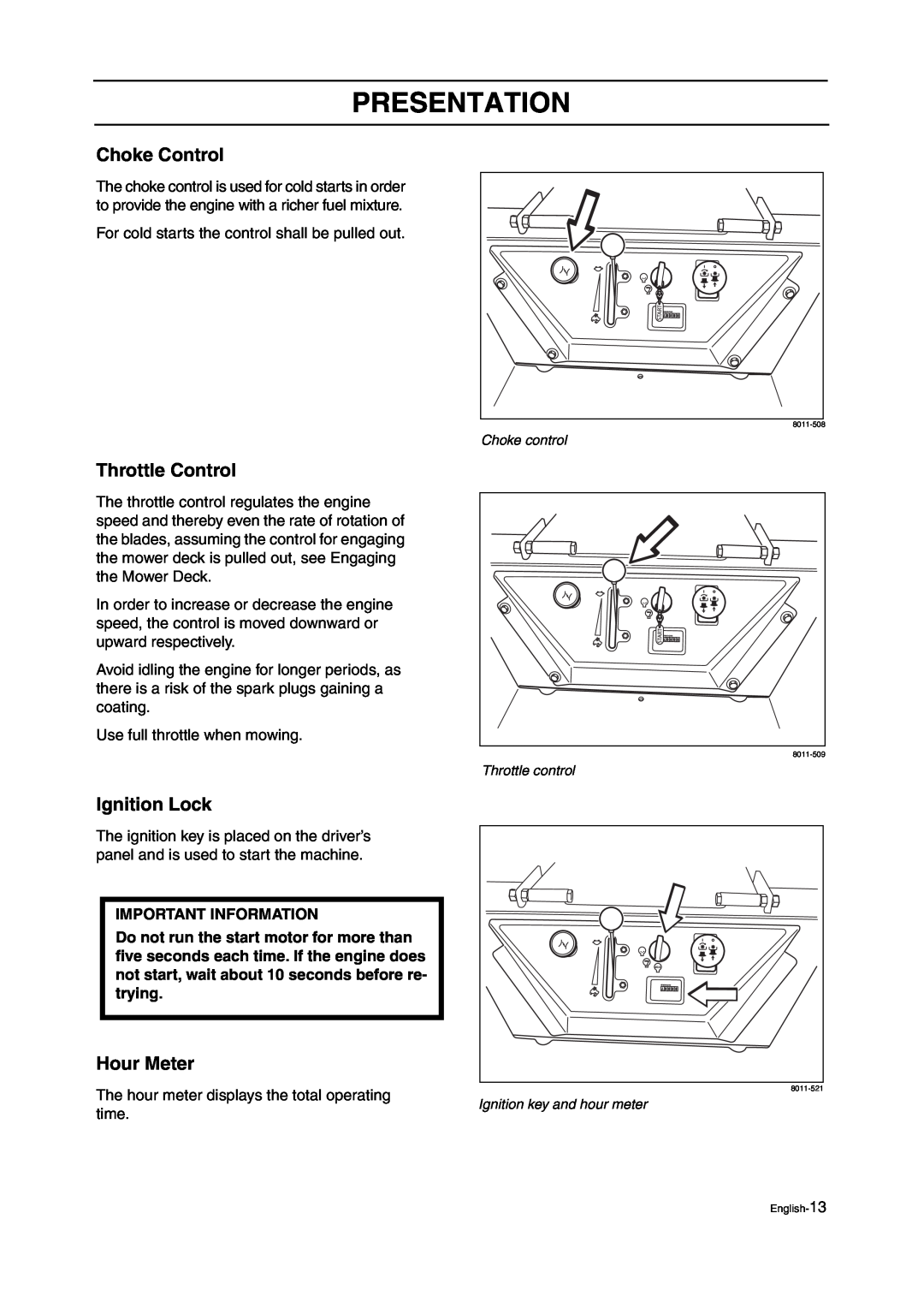 Husqvarna ZTH manual Choke Control, Throttle Control, Ignition Lock, Hour Meter, Presentation, Important Information 