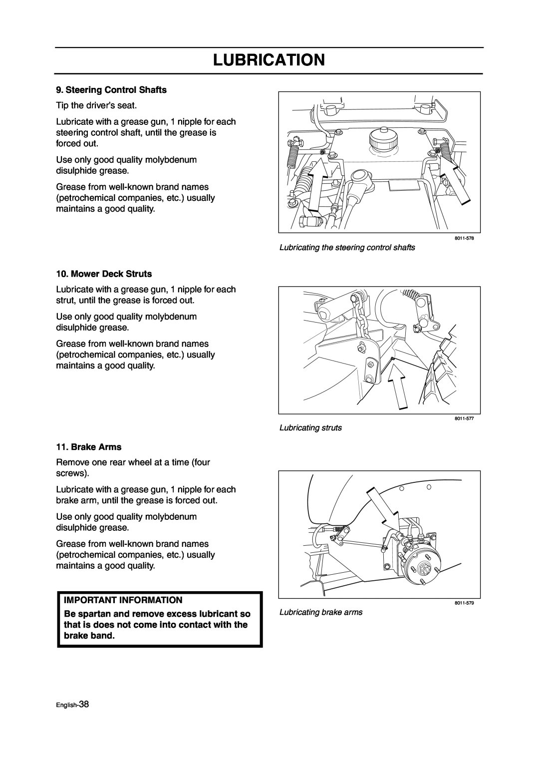 Husqvarna ZTH manual Steering Control Shafts, Mower Deck Struts, Brake Arms, Lubrication, Important Information 
