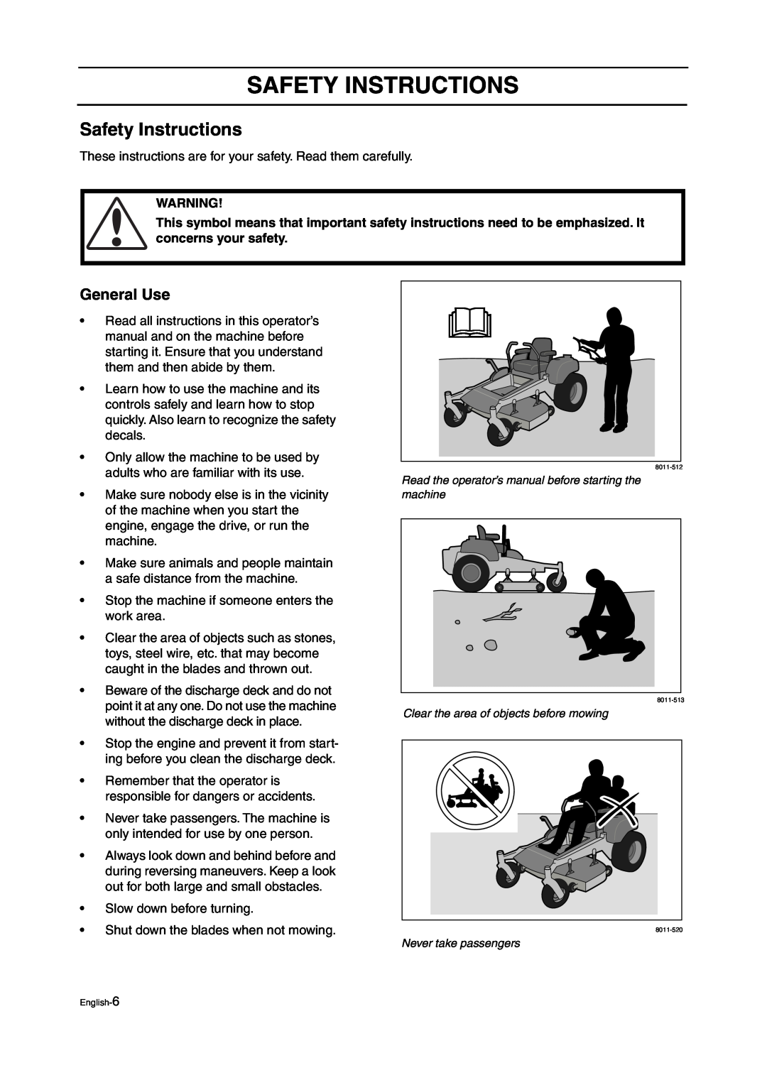 Husqvarna ZTH manual Safety Instructions, General Use 