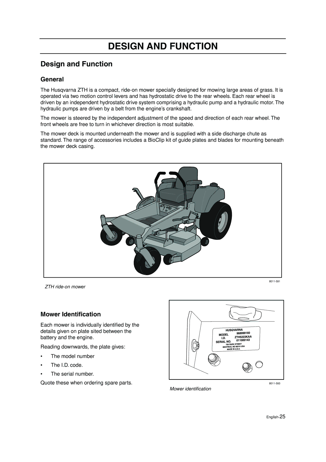 Husqvarna ZTH5223, ZTH6125 manual Design and Function, General, Mower Identiﬁcation 