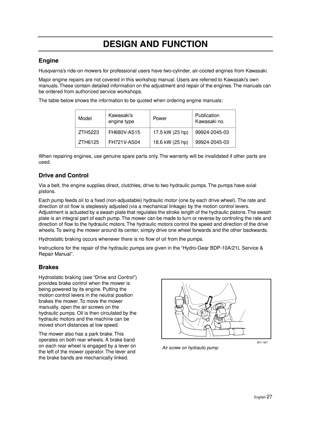 Husqvarna ZTH5223, ZTH6125 manual Engine, Drive and Control, Brakes 
