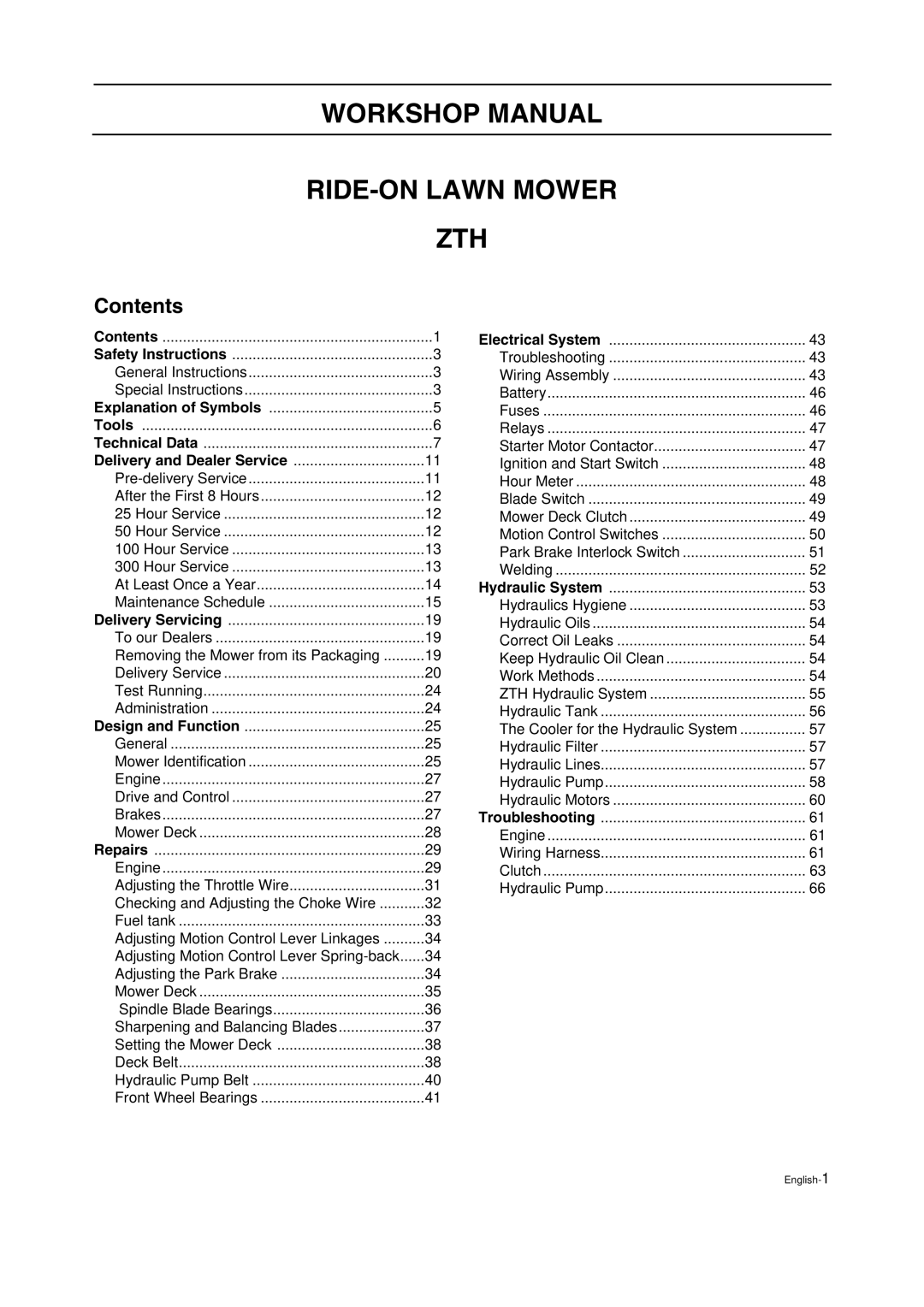 Husqvarna ZTH5223, ZTH6125 manual Workshop Manual RIDE-ON Lawn Mower ZTH, Contents 