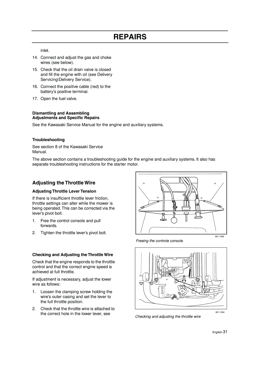 Husqvarna ZTH5223, ZTH6125 manual Adjusting Throttle Lever Tension, Checking and Adjusting the Throttle Wire 