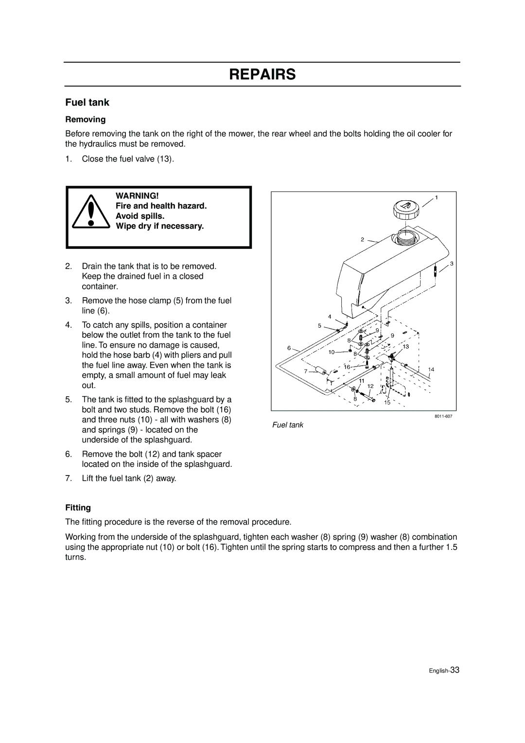 Husqvarna ZTH5223 Fuel tank, Fire and health hazard Avoid spills Wipe dry if necessary, Three nuts 10 all with washers 