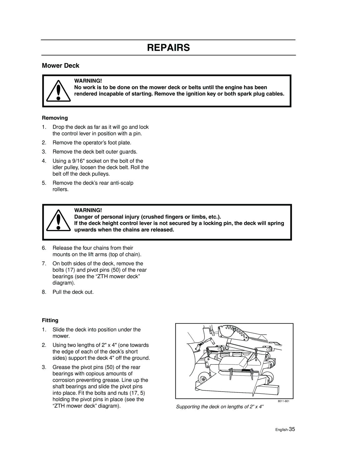 Husqvarna ZTH5223, ZTH6125 manual Mower Deck, ZTH mower deck diagram 