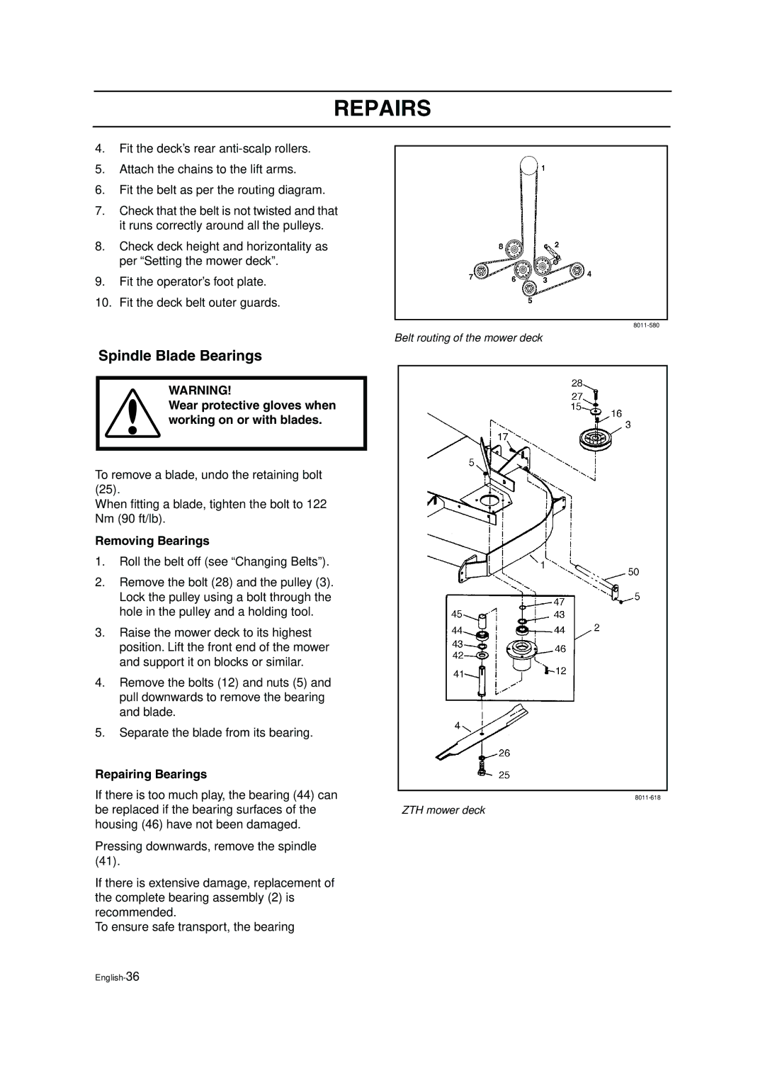 Husqvarna ZTH6125 Spindle Blade Bearings, Removing Bearings, Roll the belt off see Changing Belts, Repairing Bearings 