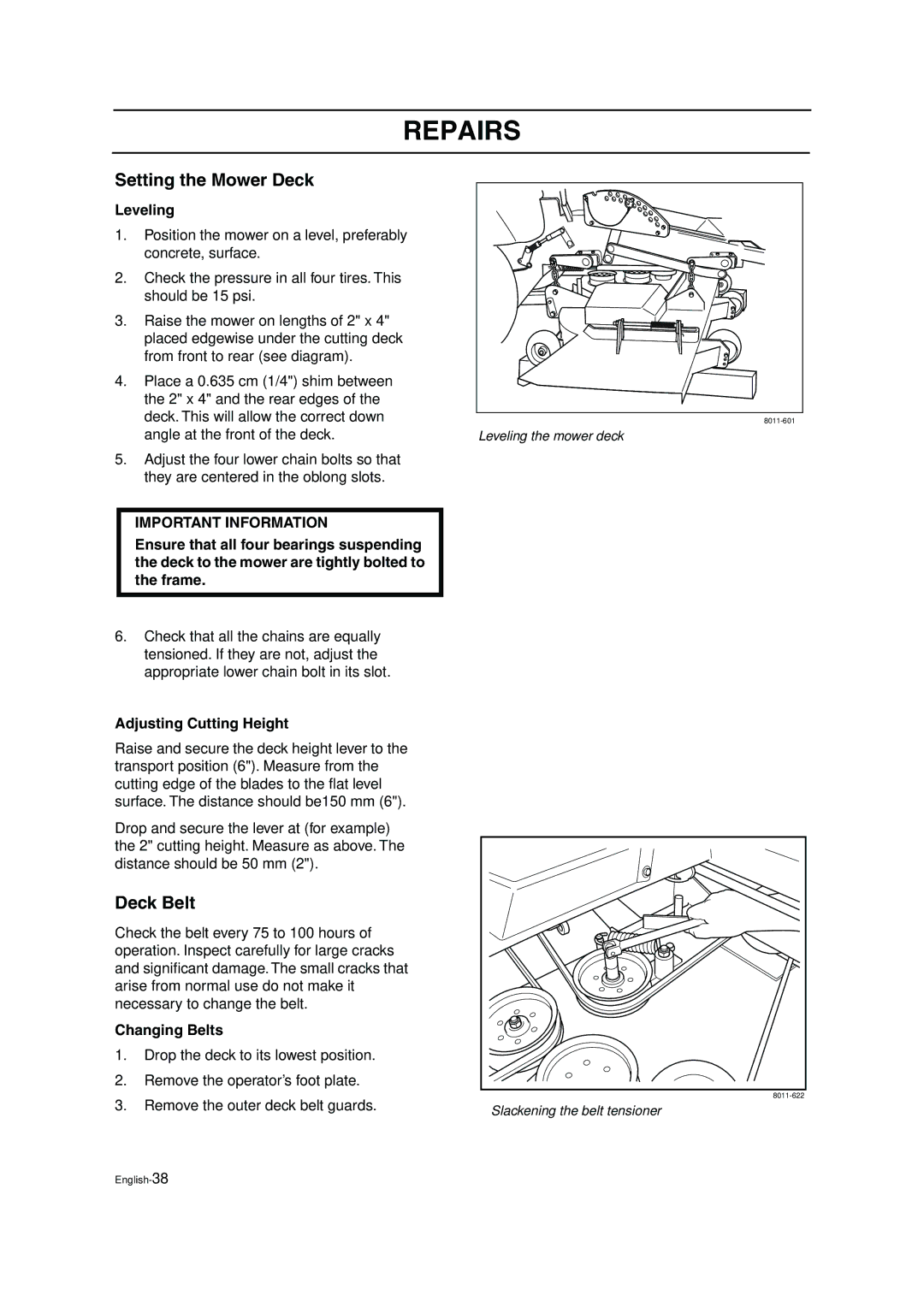 Husqvarna ZTH6125, ZTH5223 manual Setting the Mower Deck, Deck Belt, Leveling, Adjusting Cutting Height, Changing Belts 