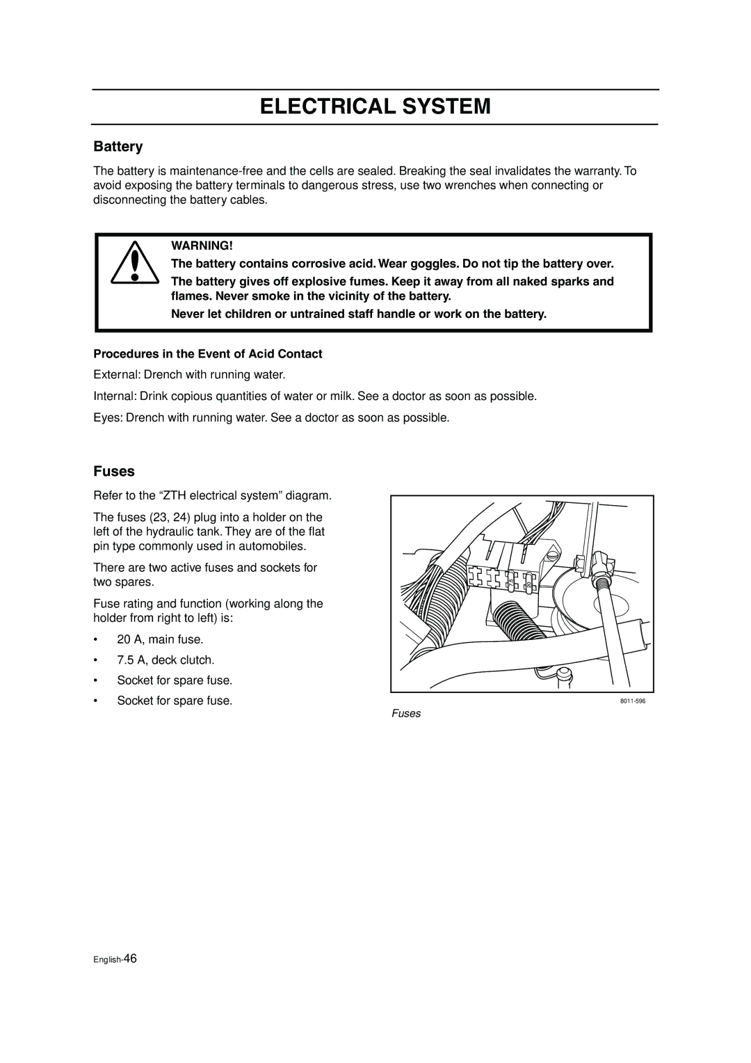 Husqvarna ZTH6125, ZTH5223 manual Battery, Fuses, Refer to the ZTH electrical system diagram 