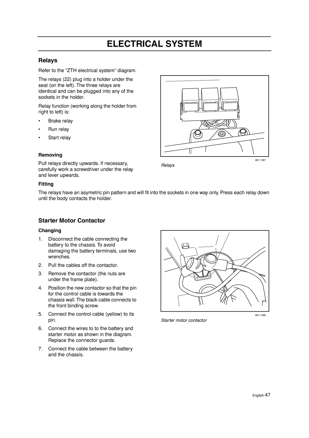 Husqvarna ZTH5223, ZTH6125 manual Relays, Starter Motor Contactor, Changing 
