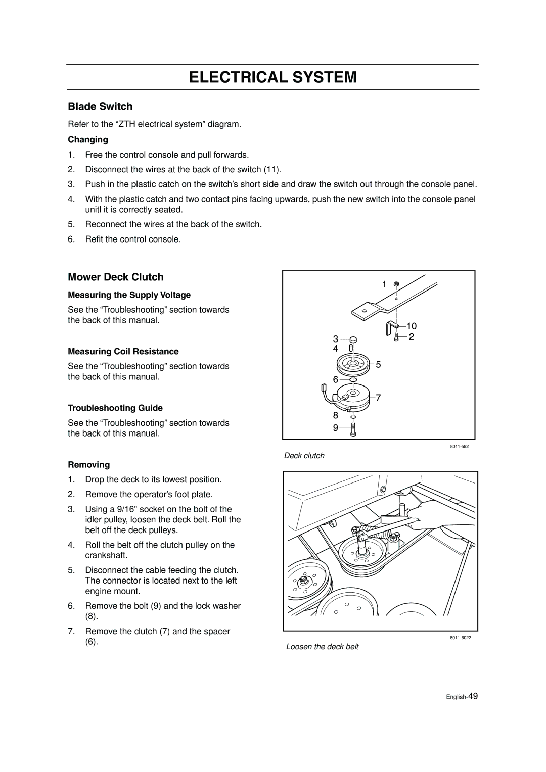 Husqvarna ZTH5223, ZTH6125 manual Blade Switch, Mower Deck Clutch, Measuring the Supply Voltage, Measuring Coil Resistance 