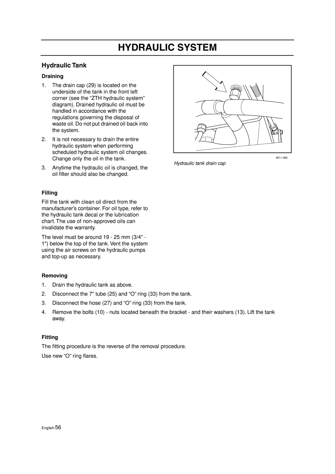 Husqvarna ZTH6125, ZTH5223 manual Hydraulic Tank, Draining, Filling 