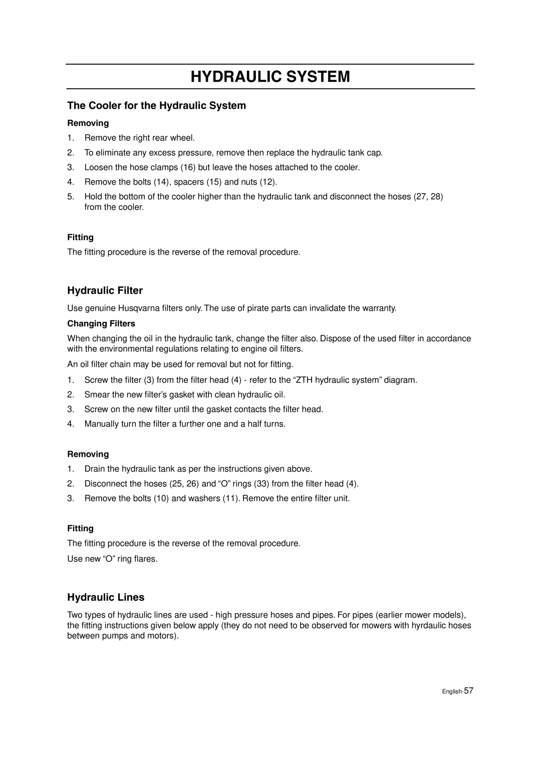 Husqvarna ZTH5223, ZTH6125 manual Cooler for the Hydraulic System, Hydraulic Filter, Hydraulic Lines, Changing Filters 
