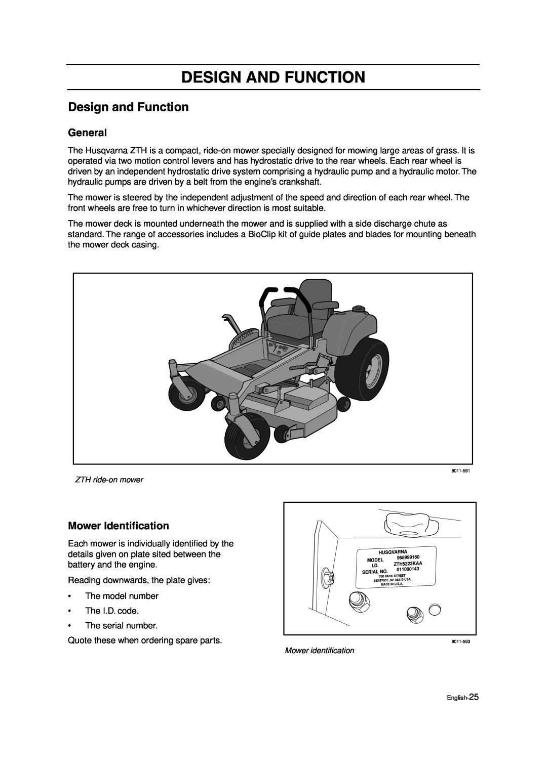 Husqvarna ZTH5223, ZTH6125 manual Design And Function, Design and Function, General, Mower Identiﬁcation 
