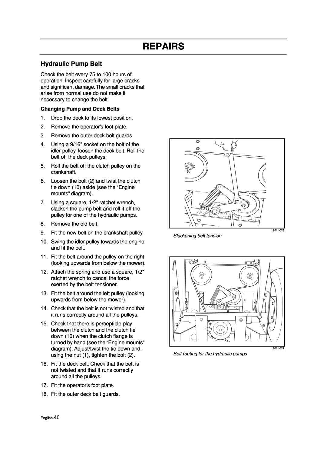 Husqvarna ZTH6125, ZTH5223 manual Hydraulic Pump Belt, Changing Pump and Deck Belts, Repairs 