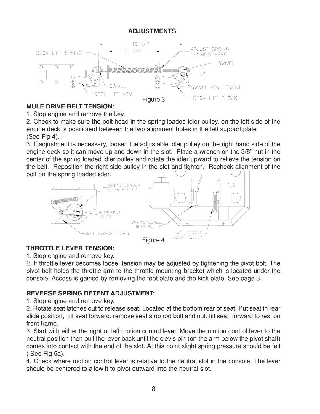 Husqvarna ZTH5225A, ZTH6125A Adjustments Mule Drive Belt Tension, Throttle Lever Tension, Reverse Spring Detent Adjustment 