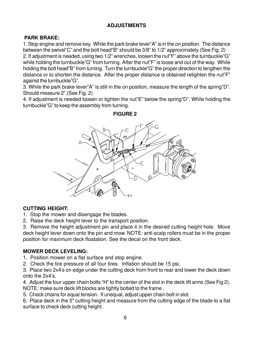 Husqvarna ZTHKW4821A, ZTHKW4818A, ZTHKH4818A, ZTHKH4820A manual Adjustments Park Brake, Cutting Height, Mower Deck Leveling 