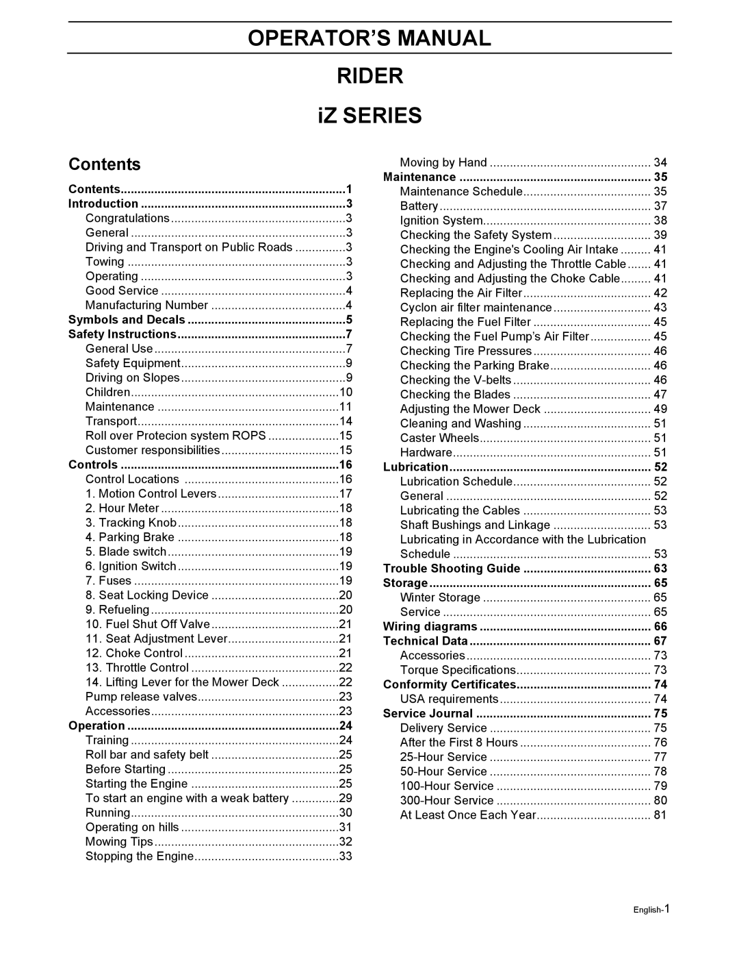 Husqvarna iZ4217TSKAA, iZ4817TSKAA, iZ4821TSKAA, iZ5223TKOA, iZ5225TXPKOA, iZ6125TKOA, iZ5223TVAN OPERATOR’S Manual Rider 