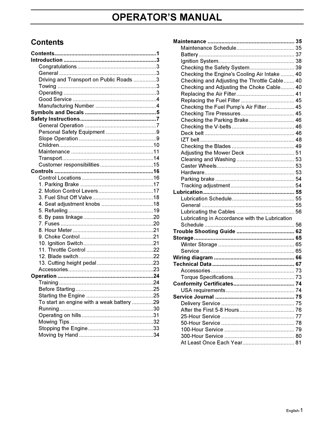 Husqvarna EZ4216HO, EZ4217KAA, EZ4217KAA, EZ4822BI, EZ4822BI, EZ5221KAA, EZ5424BI manual OPERATOR’S Manual, Contents 