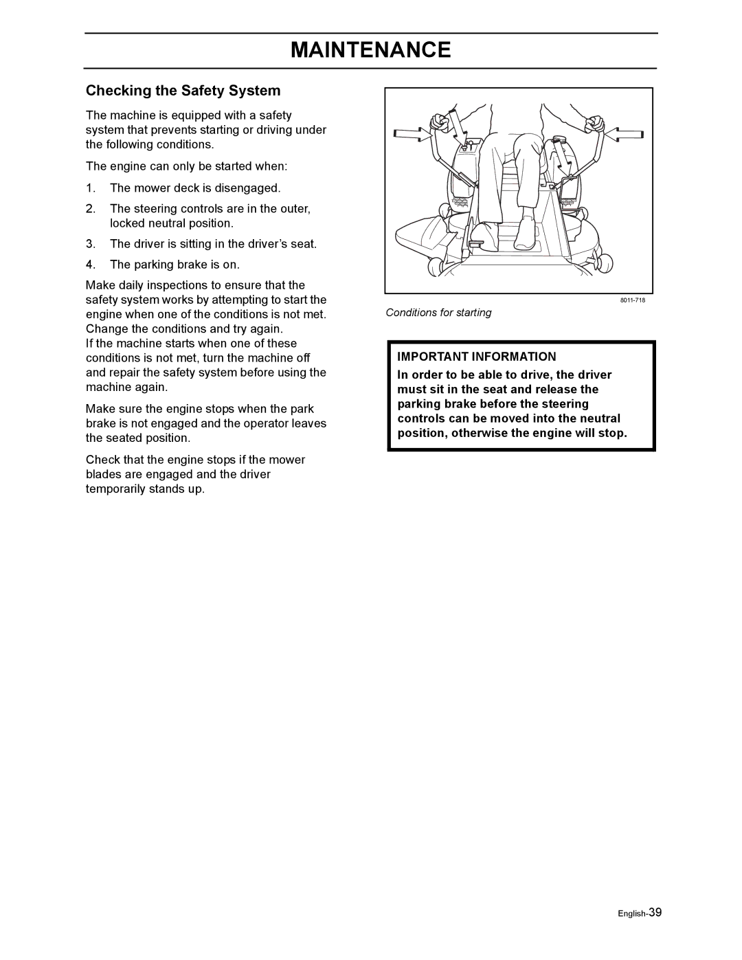 Husqvarna EZ4216HO, EZ4217KAA, EZ4217KAA, EZ4822BI, EZ4822BI, EZ5221KAA, EZ5424BI manual Checking the Safety System 