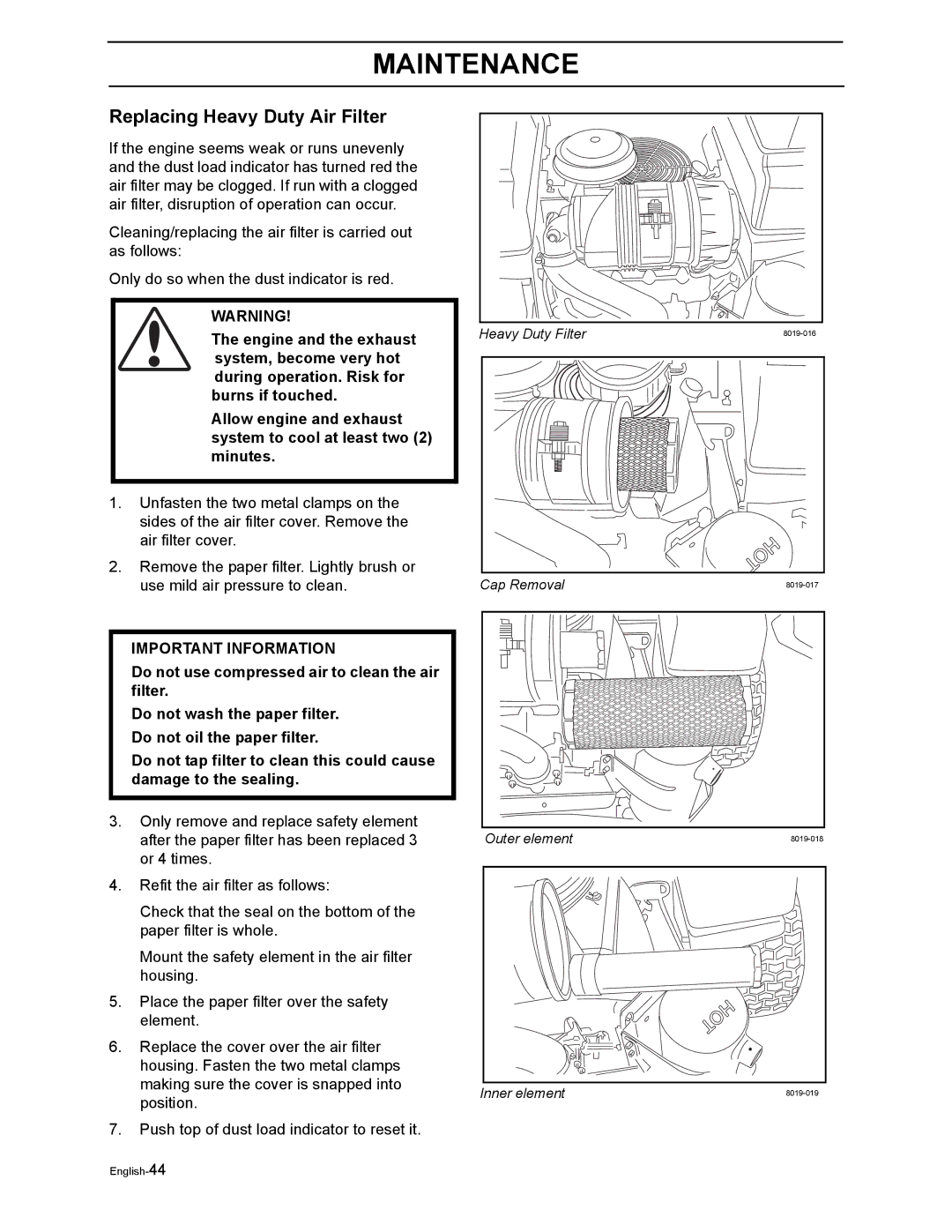 Husqvarna EZ5221KAA, EZ4216HO, EZ4127KAA, EZ4217KAA, EZ4822BI, EZ4822BI, EZ5221KAA manual Replacing Heavy Duty Air Filter 