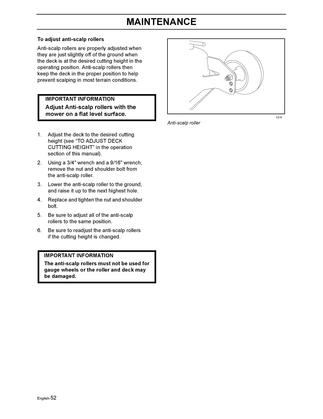 Husqvarna EZ5221KAA, EZ4216HO, EZ4127KAA, EZ4217KAA, EZ4822BI, EZ4822BI, EZ5221KAA manual To adjust anti-scalp rollers 