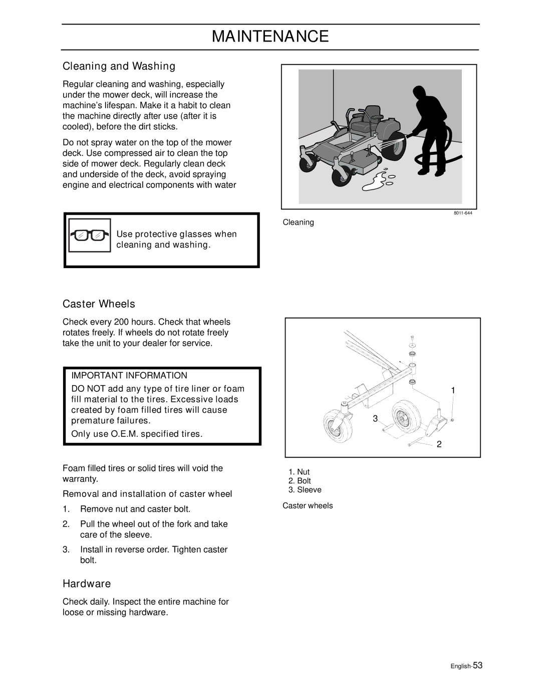 Husqvarna EZ4216HO, EZ4217KAA, EZ4217KAA, EZ4822BI, EZ4822BI, EZ5221KAA, EZ5424BI Cleaning and Washing, Caster Wheels 