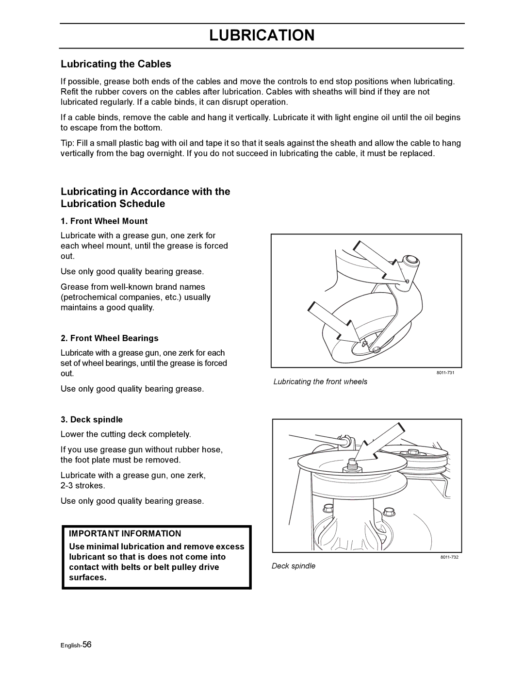 Husqvarna EZ5221KAA, EZ4216HO, EZ4127KAA, EZ4217KAA, EZ4822BI, EZ4822BI, EZ5221KAA Lubricating the Cables, Deck spindle 