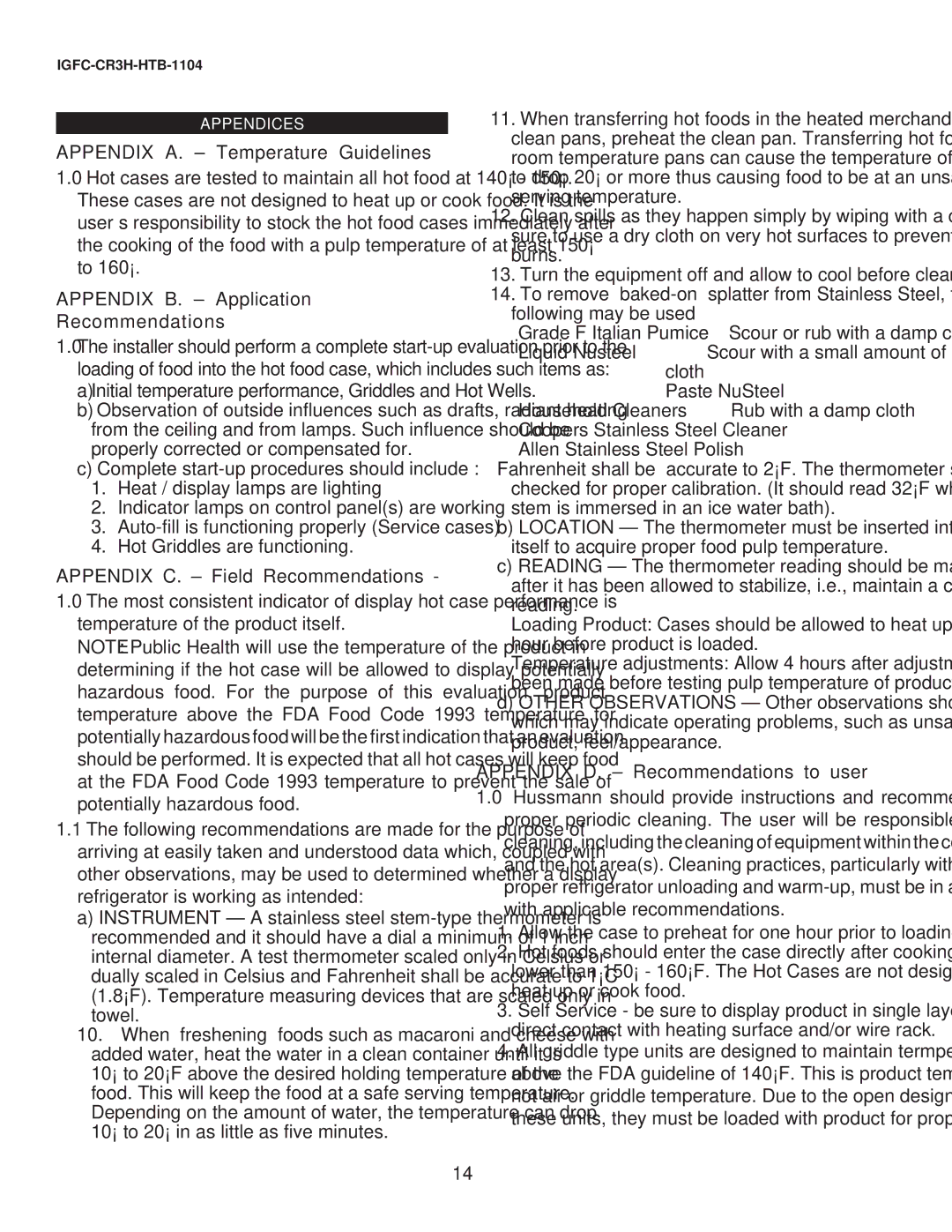 hussman CR3HTO-HTB operation manual Appendix A. Temperature Guidelines, Appendix B. Application Recommendations 