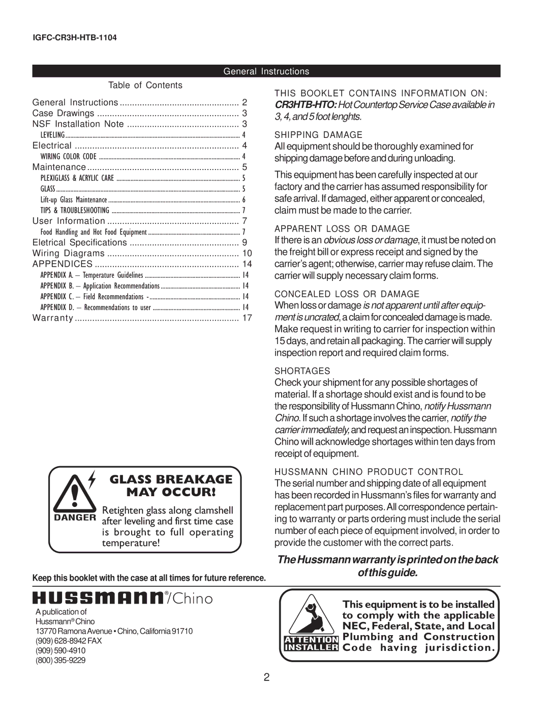 hussman CR3HTO-HTB operation manual Check your shipment for any possible shortages, Receipt of equipment 