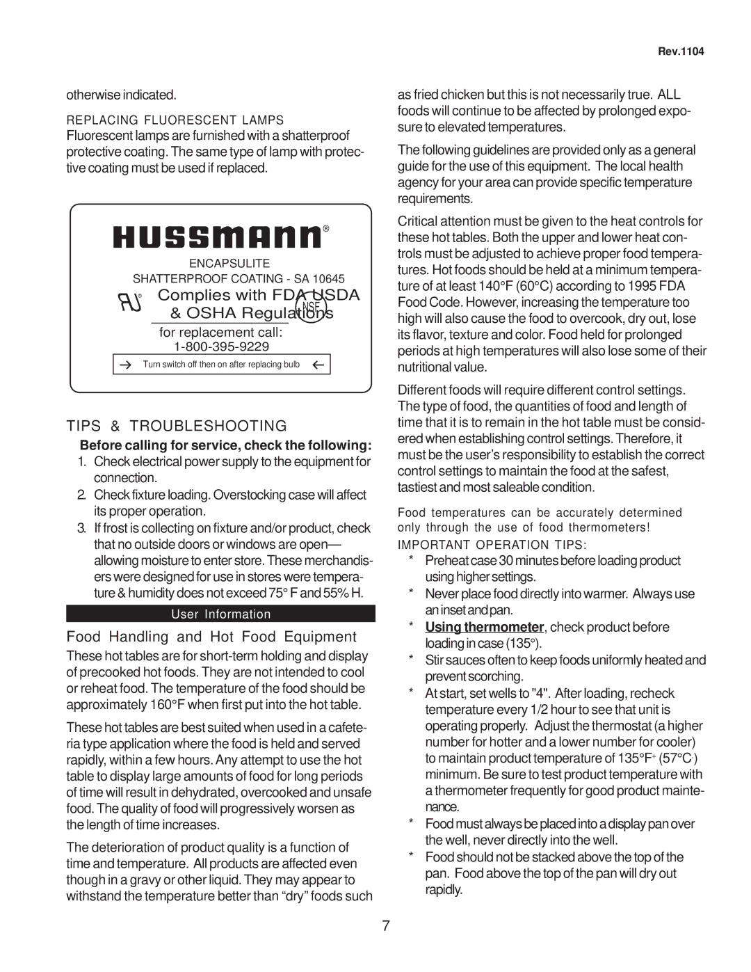 hussman CR3HTO-HTB operation manual Food Handling and Hot Food Equipment, Otherwise indicated 