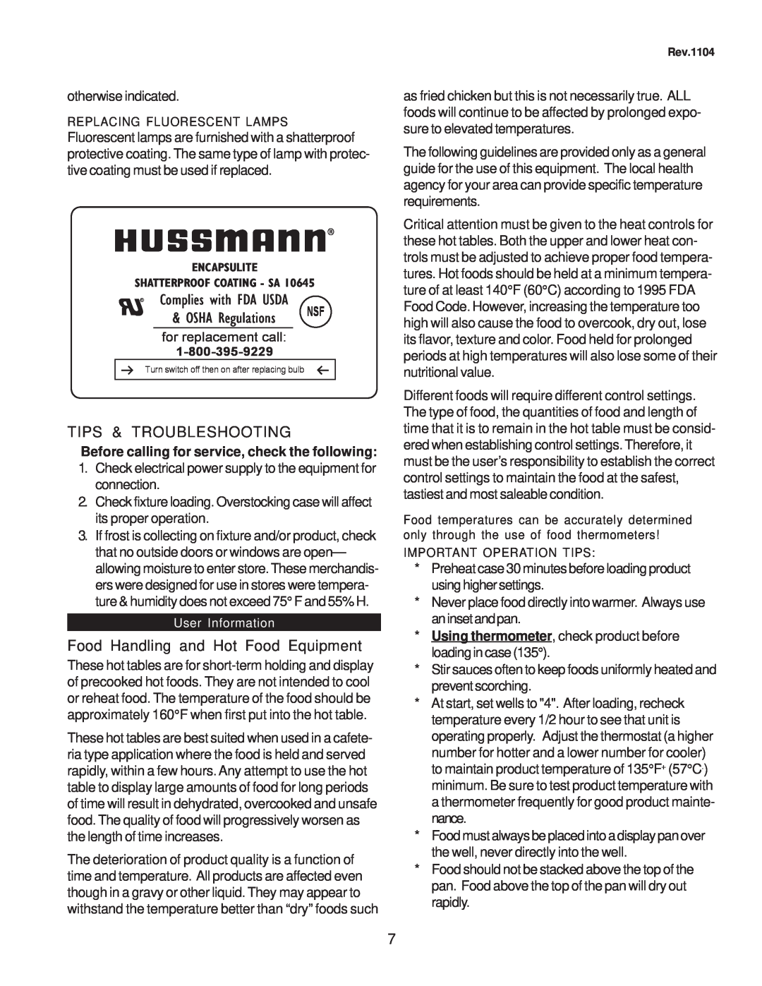 hussman CR3HTO-HTB operation manual Tips & Troubleshooting, Food Handling and Hot Food Equipment 