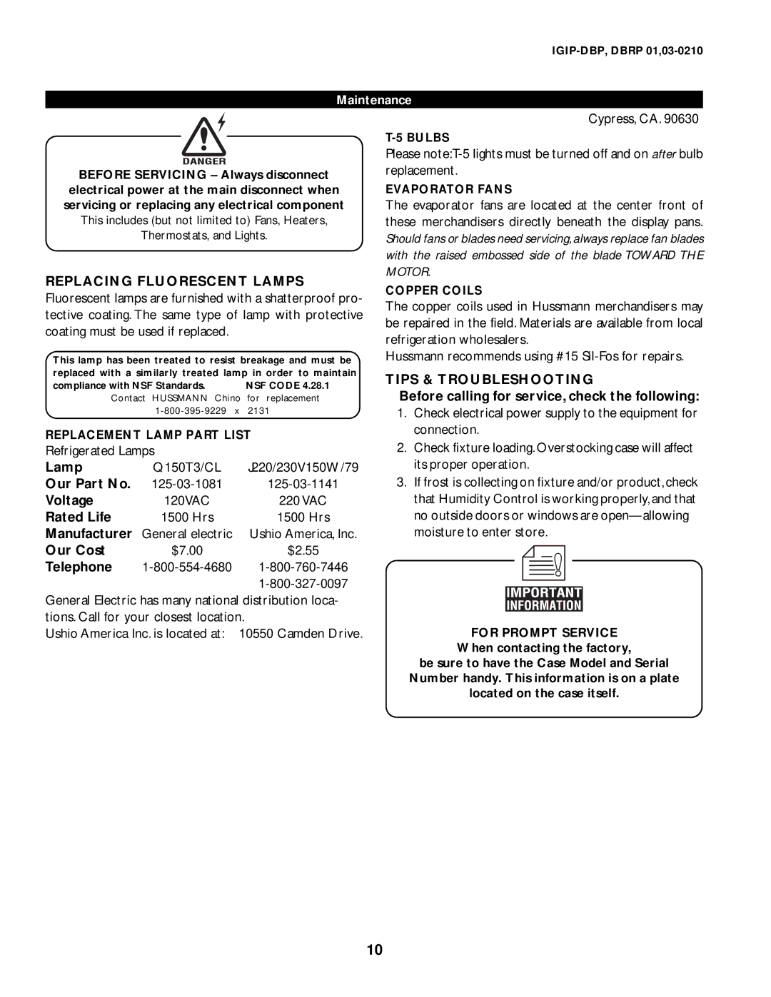 hussman DBRP 01, DBP, 3 manual Replacing Fluorescent Lamps, Tips & Troubleshooting 