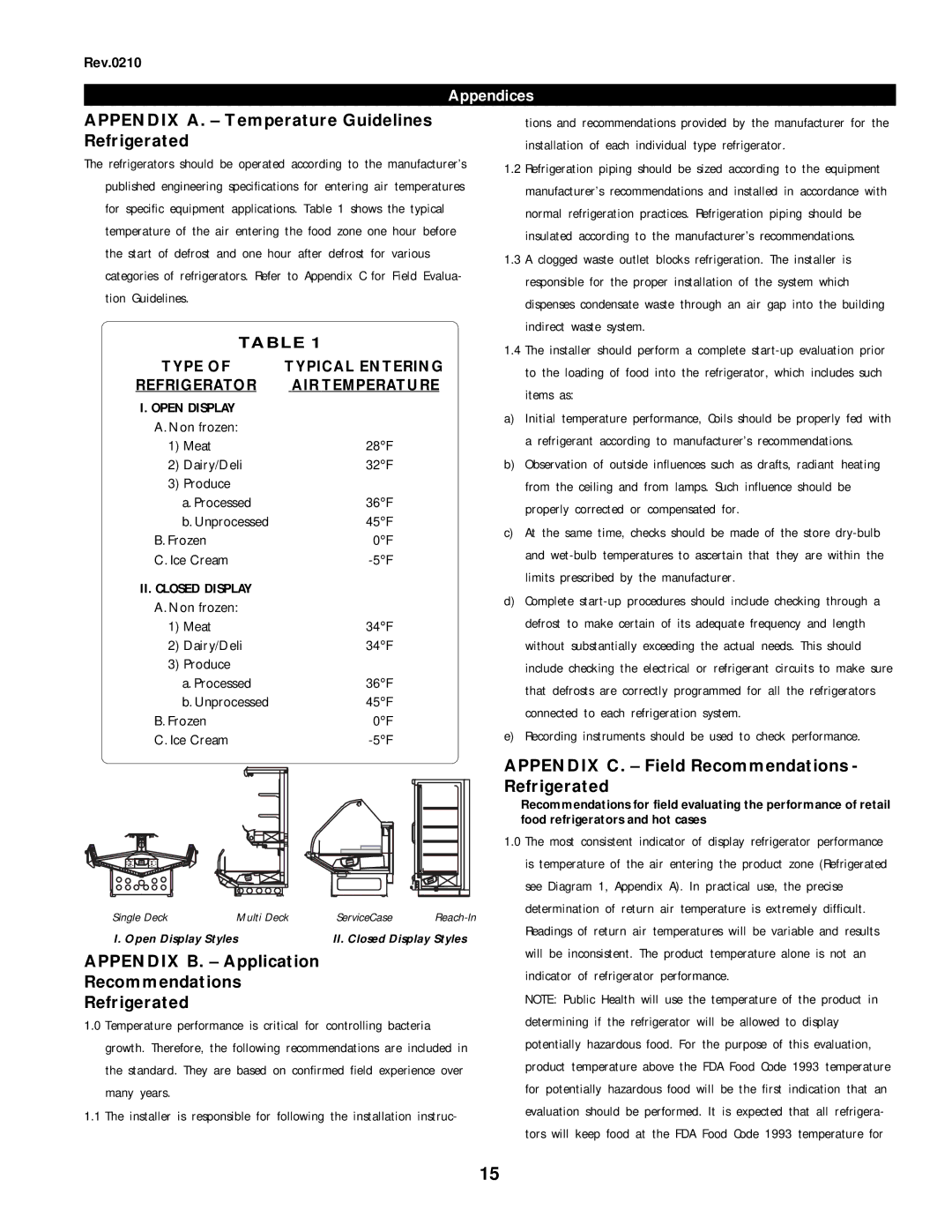 hussman DBP, DBRP 01, 3 manual Appendices, Type Typical Entering Refrigerator AIR Temperature 