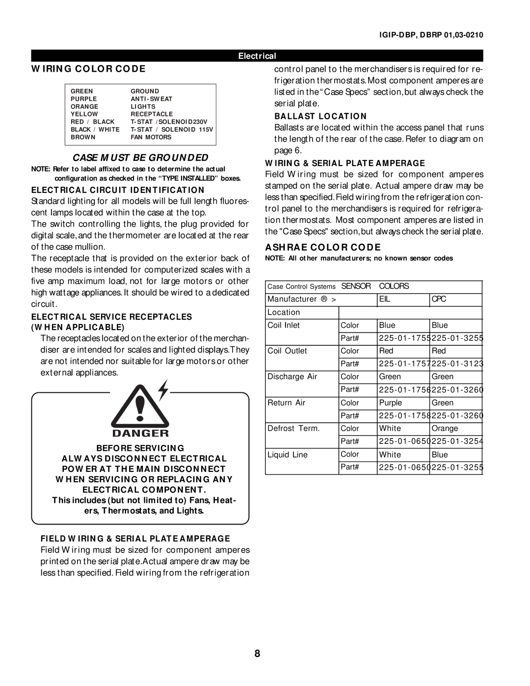 hussman 3, DBP, DBRP 01 manual Wiring Color Code, Ashrae Color Code 