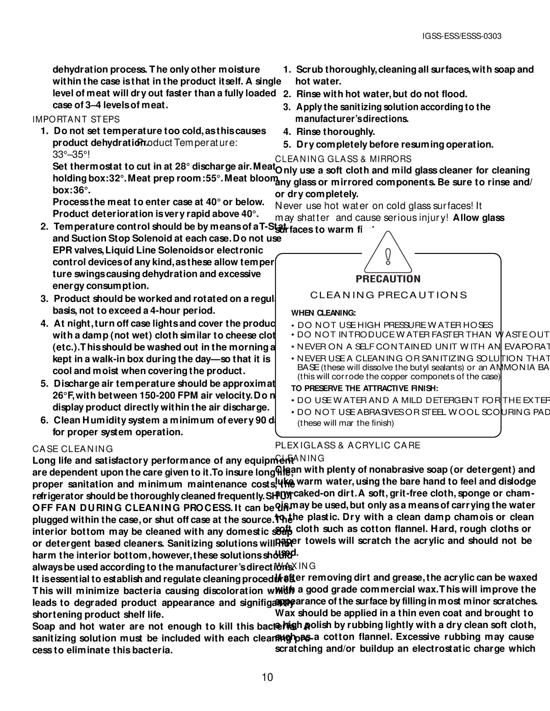 hussman ESSS-0303 Important Steps, Case Cleaning, Cleaning Glass & Mirrors, Cleaning Precautions When Cleaning, Waxing 