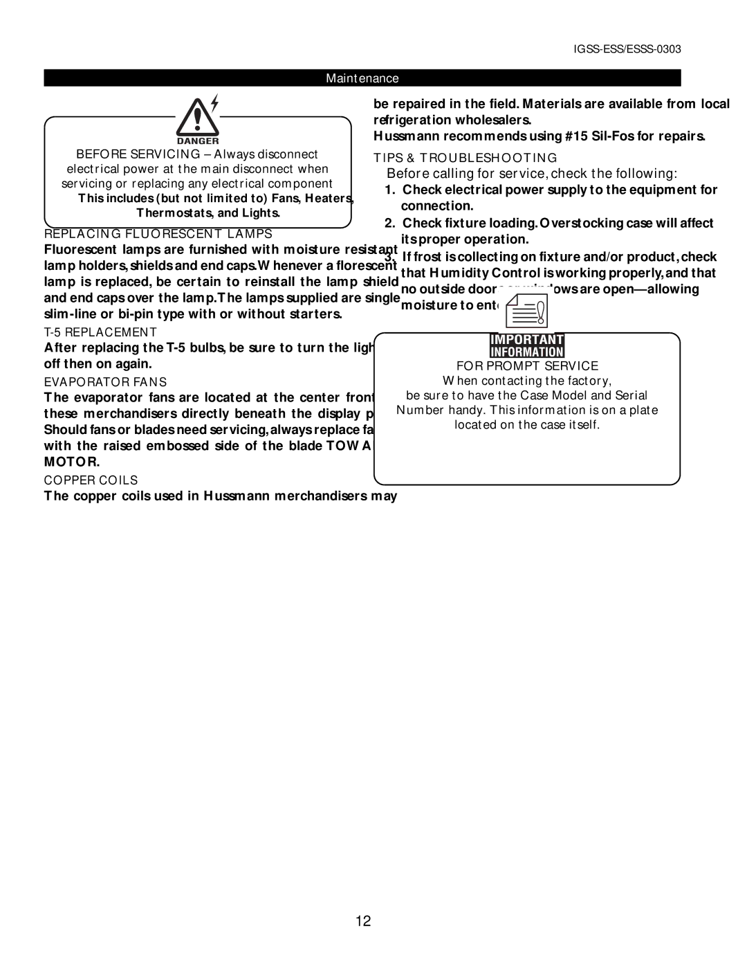 hussman ESSS-0303 manual Replacing Fluorescent Lamps, Replacement, Evaporator Fans, Copper Coils, Tips & Troubleshooting 