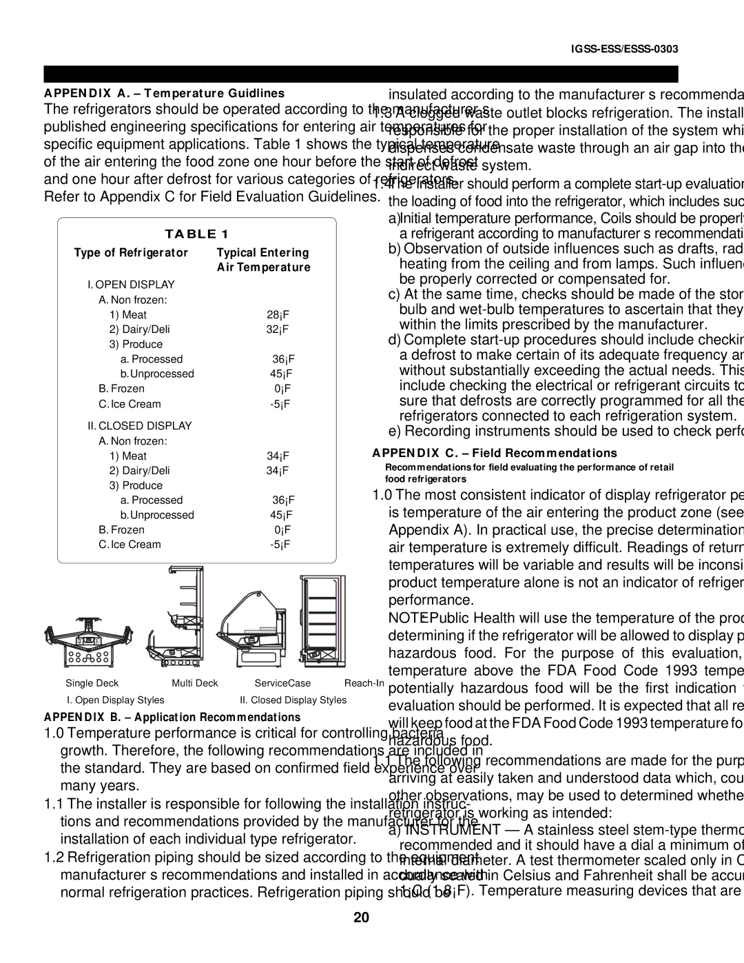 hussman ESSS-0303 Appendices, Appendix A. Temperature Guidlines, Type of Refrigerator Typical Entering Air Temperature 