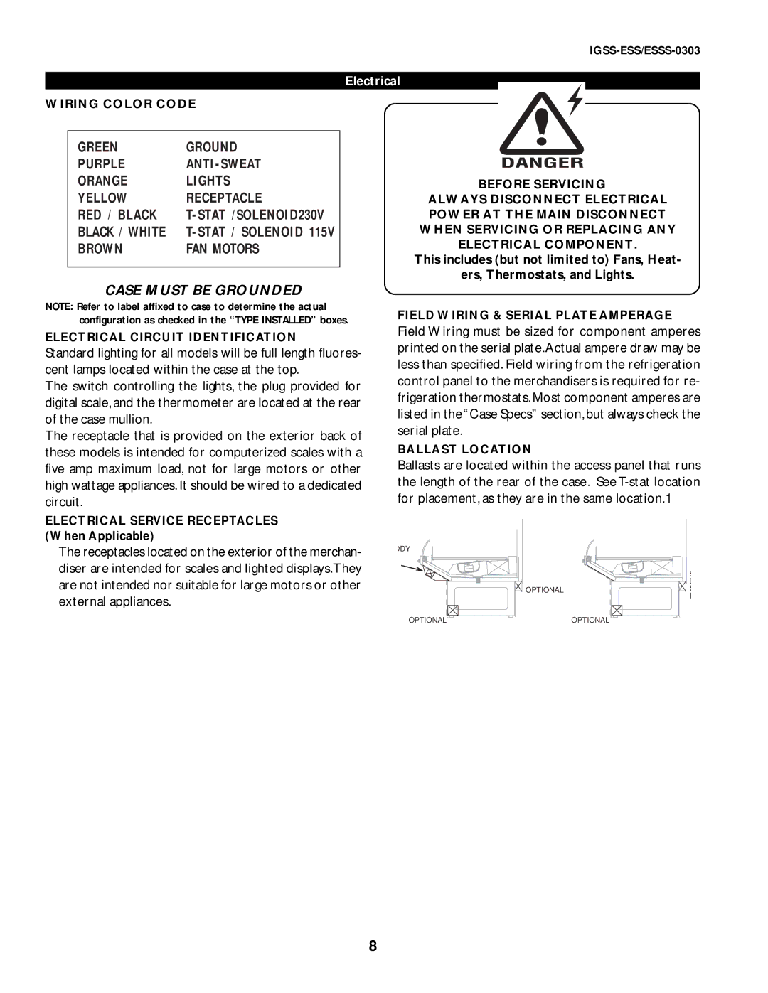 hussman ESSS-0303, IGSS-ESS Wiring Color Code, Electrical Circuit Identification, Field Wiring & Serial Plate Amperage 