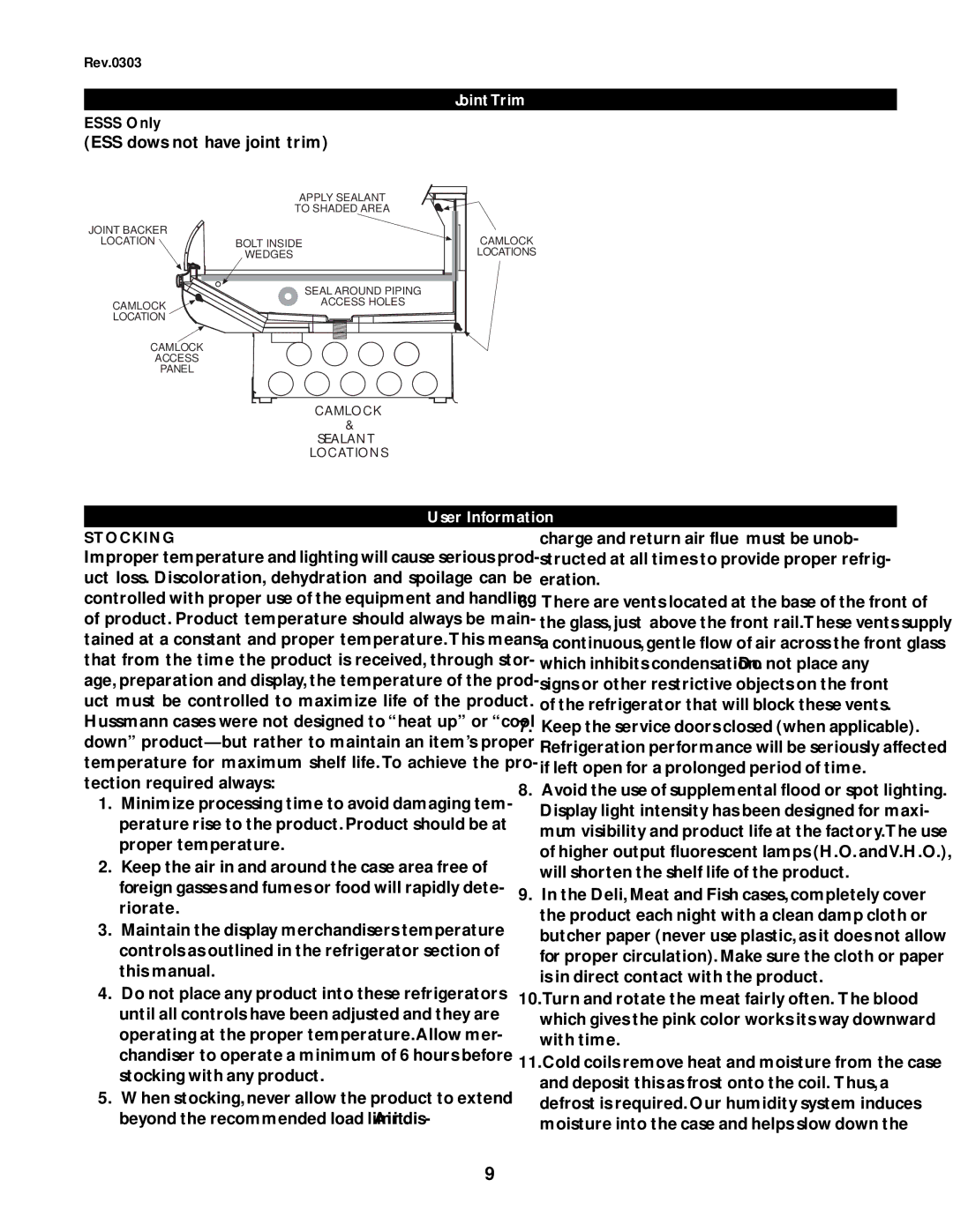 hussman IGSS-ESS, ESSS-0303 manual Joint Trim, Esss Only, User Information, Stocking 