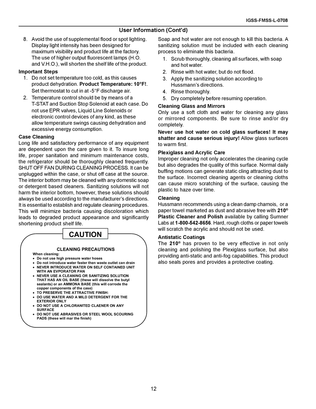 hussman FMSS-L operation manual User Information Contd 