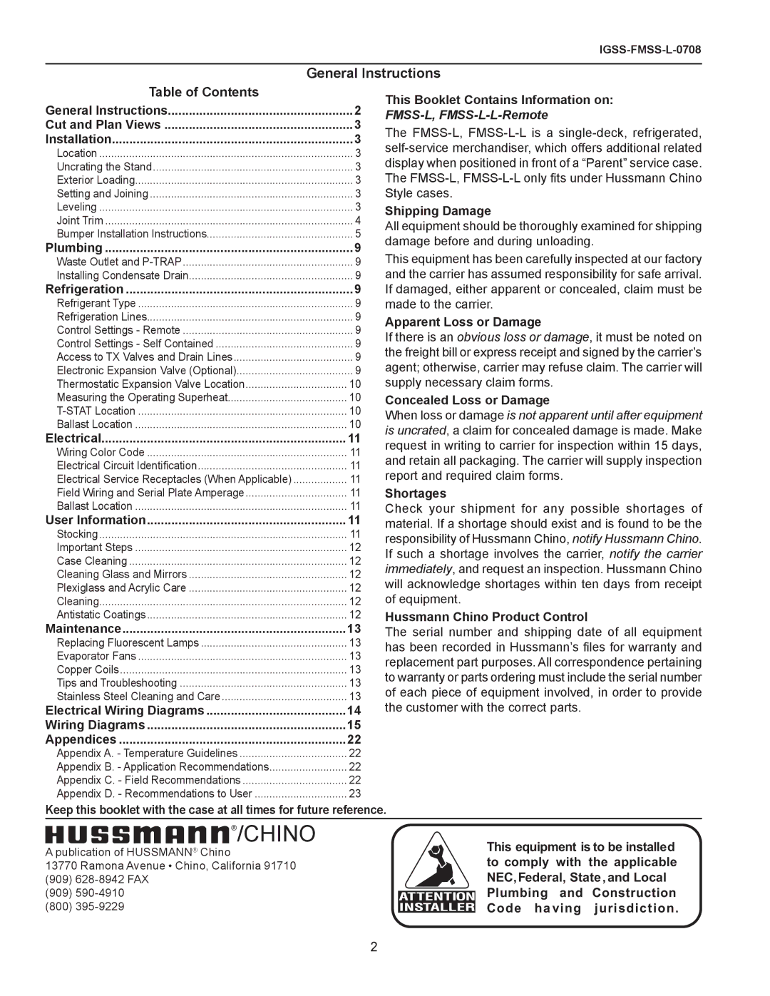 hussman FMSS-L operation manual General Instructions, Table of Contents 