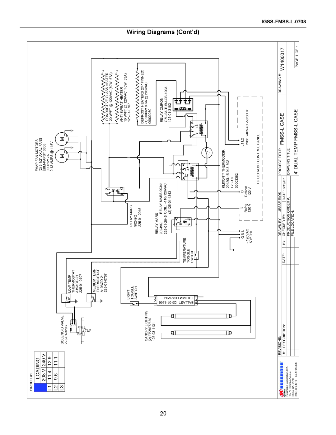 hussman FMSS-L operation manual Wiring Diagrams Contd, 208 V 240 L1 11.4 L2 9.6 