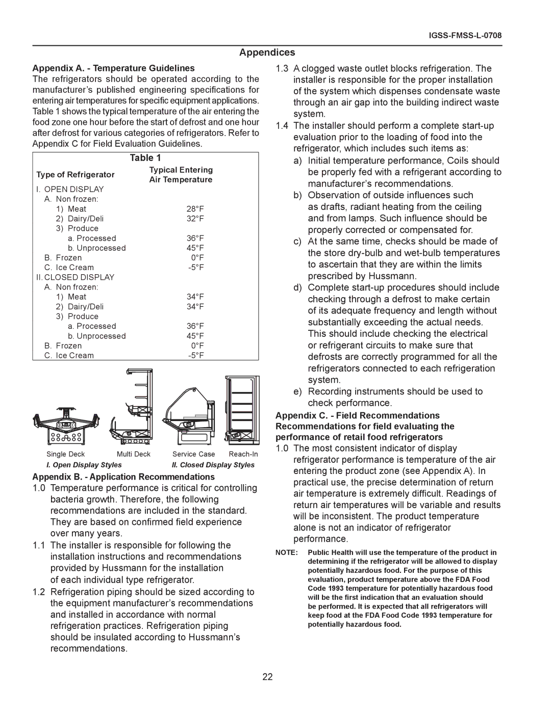 hussman FMSS-L operation manual Appendices, Appendix A. Temperature Guidelines, Appendix B. Application Recommendations 