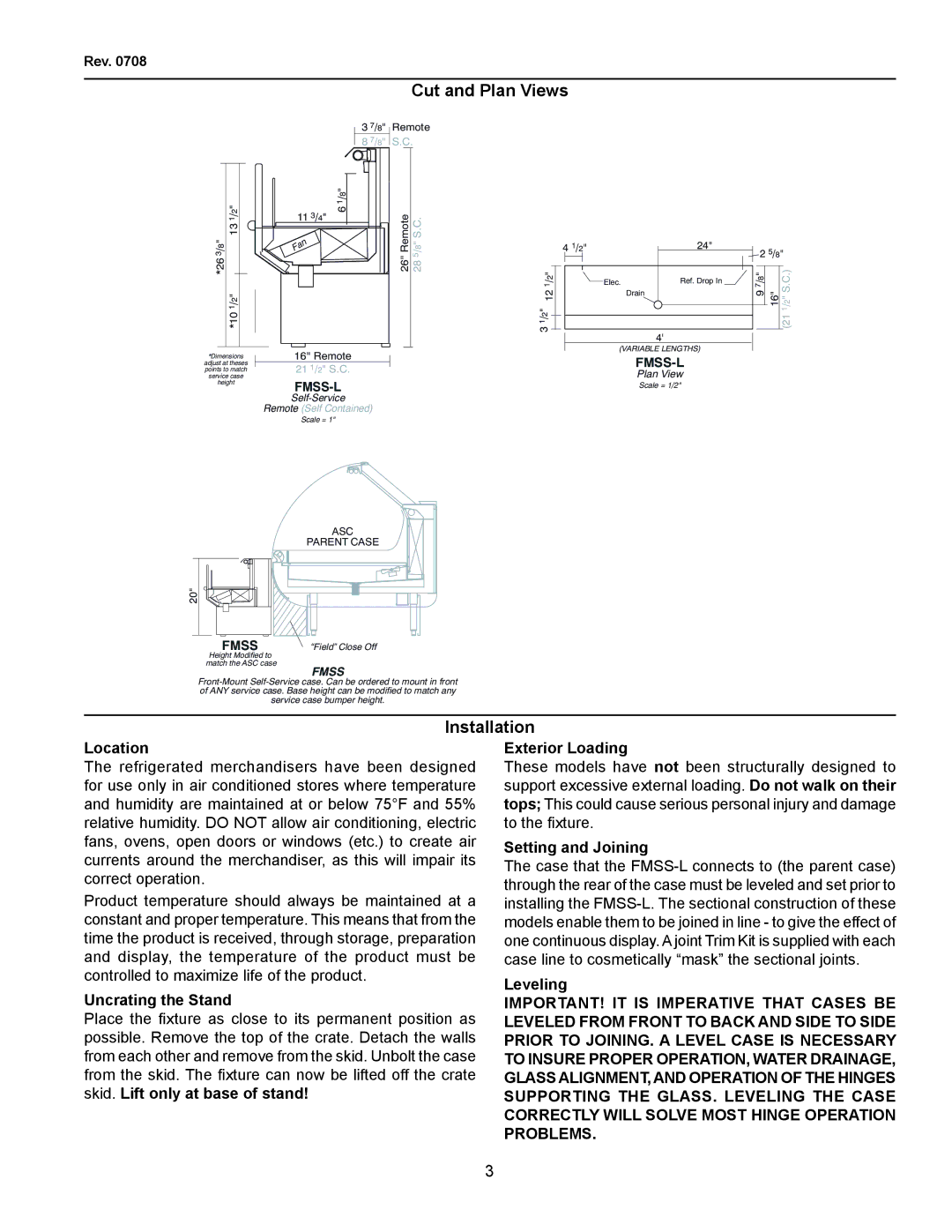 hussman FMSS-L operation manual Cut and Plan Views, Installation 