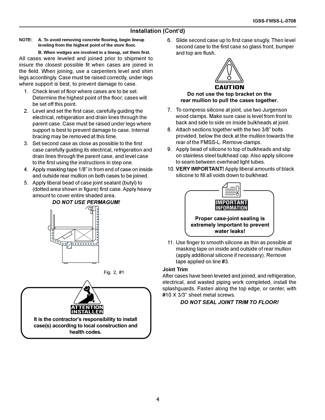 hussman FMSS-L operation manual Installation Contd, Joint Trim 