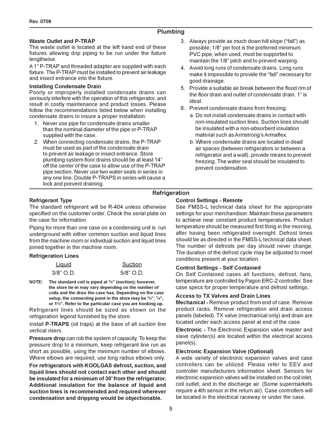 hussman FMSS-L operation manual Plumbing, Refrigeration 