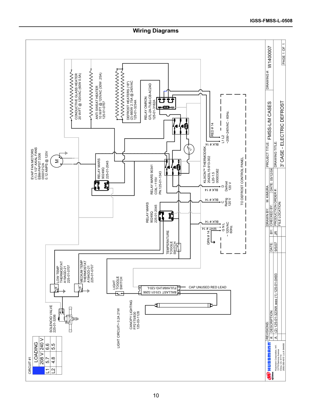 hussman FMSS-L operation manual Wiring Diagrams, Loading, 208 V 240 L1 5.7 L2 4.8, Case Electric Defrost 