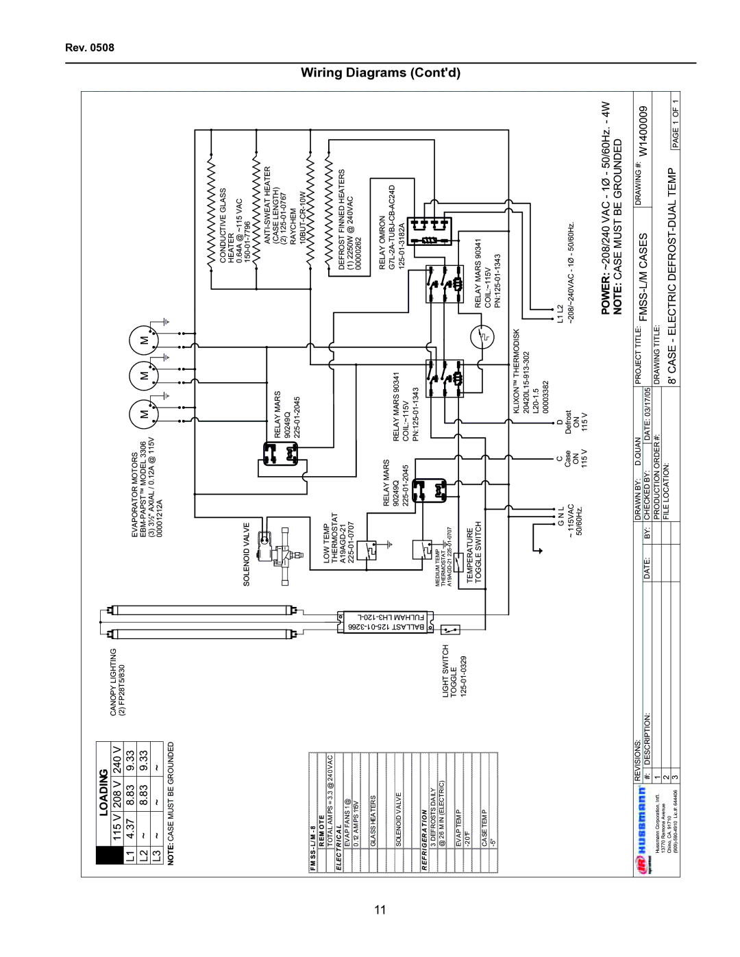 hussman FMSS-L operation manual 115 208 240, Power ~208/240 VAC 1Ø 50/60Hz. 4W, Case Electric DEFROST-DUAL Temp 